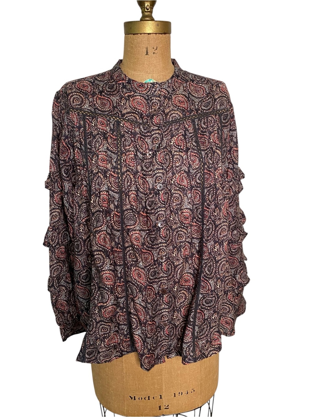 Paisley Ruffle-Sleeve Button Front Blouse - Black & Pink